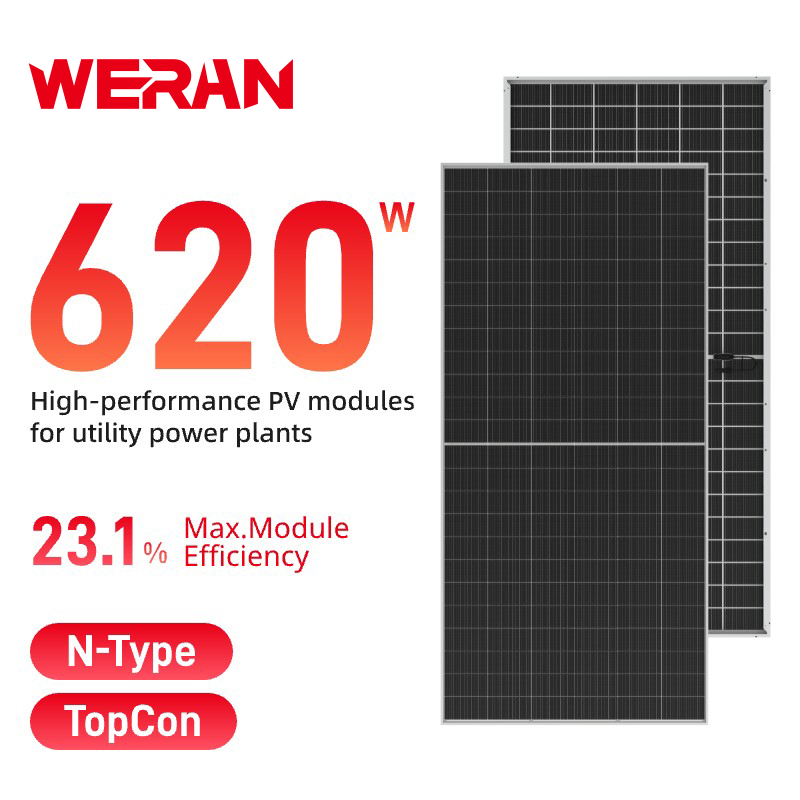Painel solar bifacial de grande formato WERAN 595-625W - Módulo fotovoltaico de vidro duplo OEM para projetos de serviços públicos, EPC e atacado